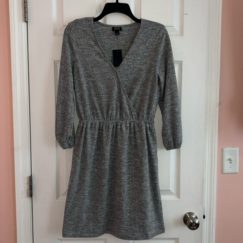 ANA heathered gray faux wrap fleece dress. NWT elastic waist super soft Size S